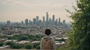 En person i ferd med å tilpasse seg en ny omgivelse, med en blanding av naturlige og urbane elementer i bakgrunnen.