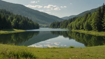 Et fredelig naturlig miljø med en innsjø, trær og åser.