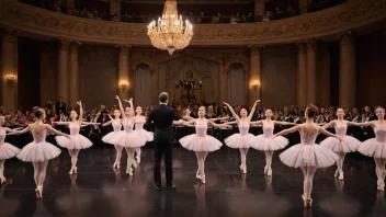 Et vakkert bilde av en ballettforestilling med dansere i tutuer og et live orkester som spiller i bakgrunnen.