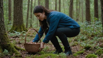 En person som plukker sopp i en skog.