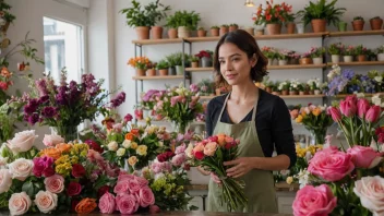 En florist i en blomsterbutikk, omgitt av vakre blomsterarrangementer og buketter.