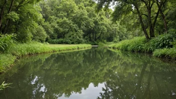 En fredelig og naturlig vannkilde, som en innsjø eller en elv, omgitt av vegetasjon og trær.