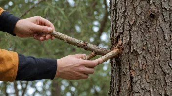 En person holder en grein med barken fjernet