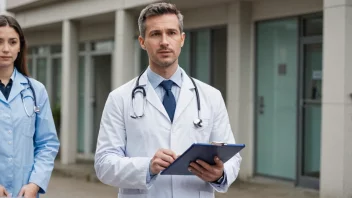 En lege med stetoskop og clipboard, stående foran et sykehus eller klinikk.