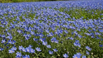 En vakker mark med blå blomster som svaier lett i brisen på en solrik dag