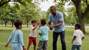 En lykkelig familie med seks barn og deres far som leker sammen i en park.