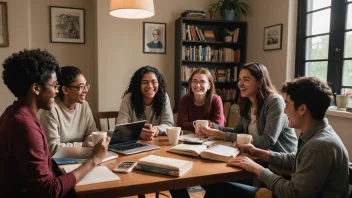 En gruppe studenter fra ulike bakgrunner og aldre, samlet i et koselig rom med bøker, laptoper og kaffekopper, engasjert i diskusjoner og latter.