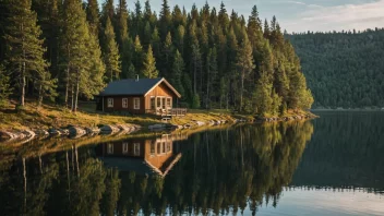 Et fredelig norsk landskap med en hytte og trær.