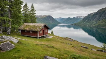 En liten, trebygd fjellhytte med torvtak, omgitt av et naturskjønt fjellandskap.