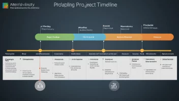 En prosjekt-tidslinje med ulike faser, inkludert planlegging, gjennomføring og fullføring.