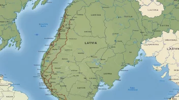 Et kart over Latvia med landets grenser, hovedstaden Riga og omkringliggende land