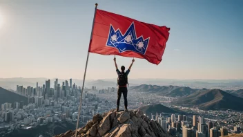 En person som står seirende på et fjelltopp med et flagg i hånden, symboliserer å overvinne utfordringer og oppnå suksess.