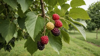 Et morbærtre med en stor krone og modne frukter som henger fra grenene