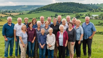 En gruppe bønder og deres familier fra landsbygda, smiler og velkommen, med en naturskjønn landsbygdabakgrunn.