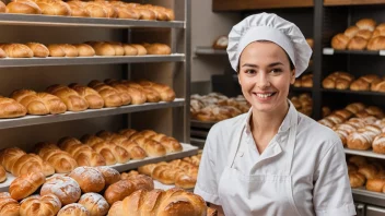 En baker i hvit forkle, omgitt av nybakt brød og kaker.