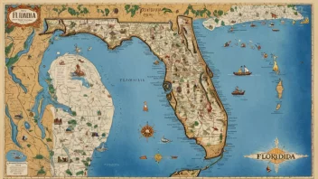 Et kart over Florida som viser dens geografiske egenskaper og populære turistmål.