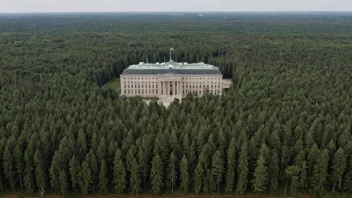 En skog med en regjeringsbygning i bakgrunnen