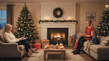 Et varmt og koselig stue med et juletre og en familie som nyter tradisjonelle norske julekaker.