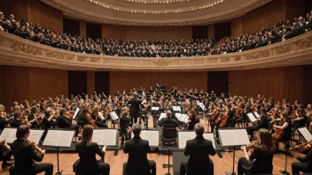 Et stort konsertlokale med et symfoniorkester som spiller på scenen.