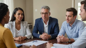 En gruppe mennesker sitter rundt et bord og diskuterer forsikringsspørsmål med en rådgiver