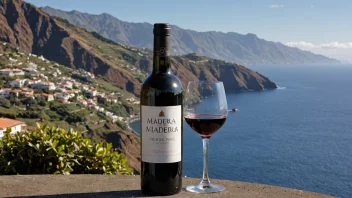 En flaske madeiravin med et glass og en naturskjønn utsikt over øya Madeira i bakgrunnen.