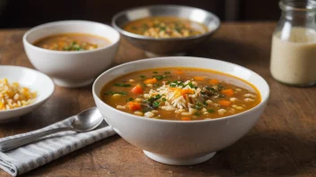 En suppeskje på et bord med en bolle suppe i bakgrunnen.