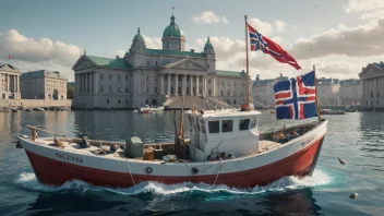 En illustrasjon av en fiskebåt med norsk flagg, som representerer den norske fiskeindustrien, omgitt av fisk og andre sjødyr, med en subtil bakgrunn av en regjeringsbygning eller en regulativ myndighet, som representerer den regulative siden av fiskeindustrien.