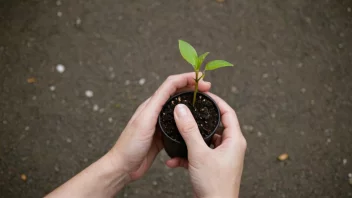 En person holder en liten plante i hendene, med en grønn bakgrunn som representerer liv og vekst