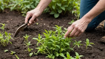 En person fjerner uønskede planter fra en hage, med fokus på prosessen med å eliminere uønskede planter.