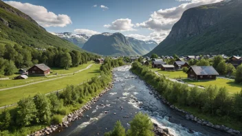 Et fredelig landskap av en elv som renner gjennom en dal i Norge.