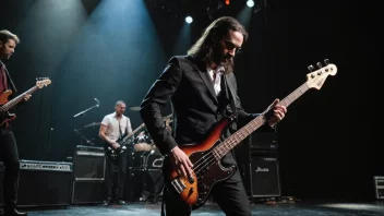 En bassist som spiller på scenen med et musikkensemble