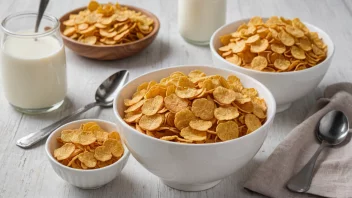 En skål med cornflakes og melk og en skje på et bord