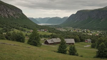 Et pittoreskt norsk landskap med en liten bosetning i det fjerne.