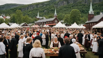 En fargerik illustrasjon av en tradisjonell norsk kirkefest.