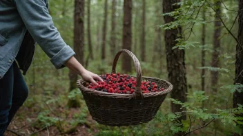 En person som plukker bær i en skog med en kurv full av bær