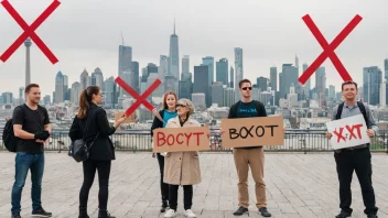 Turister som protesterer med skilt foran en by.