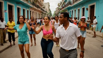 Et fargerikt gatemiljø på Cuba med mennesker som danser og spiller musikk.