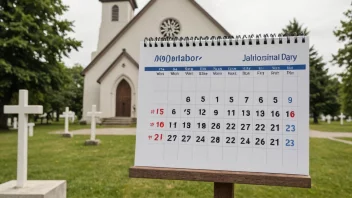 Et bilde som representerer det kristne kirkeåret, med en kalender eller et hjul som markerer viktige høytider og minnedager, mot en bakgrunn av en kirke eller et kors.