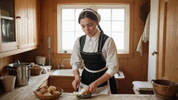 En ung kvinne i en hushjelps uniform, som gjør husarbeid i et tradisjonelt norsk hjem.