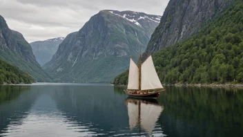 En langbåt seiler på en rolig fjord, omgitt av fjell og trær.