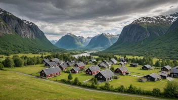 En pittoresk landsby i Norge med tradisjonelle hus og et fredelig landskap.