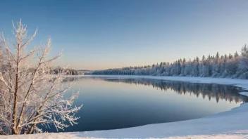 Et vakkert vinterlandskap med snødekte trær og en frossen innsjø.