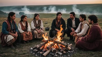 En gruppe mennesker med romani- eller reisendes bakgrunn, kledd i tradisjonelle klær, samlet rundt et bål.