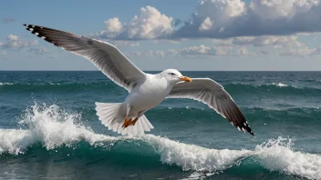 En sjøfugl flyr over havet med bølger i bakgrunnen.