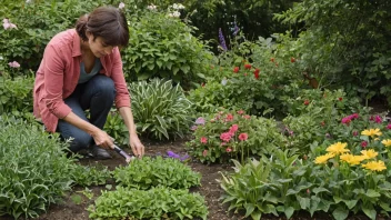 En person passer på en hage med ulike planter og blomster, og viser konseptet om odling og vekst.