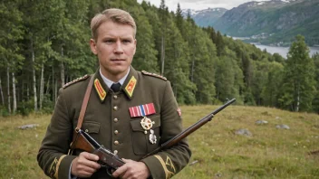 En mann i en tradisjonell norsk skytteruniform, holder en rifle og har en medalje rundt halsen.