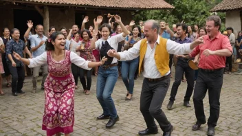 En tradisjonell folkedansscene med mennesker som danser i en gruppe.