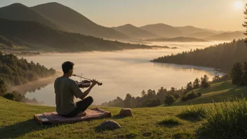 Et fredelig landskap med en person som spiller et musikkinstrument, omgitt av harmoniske lydbølger.