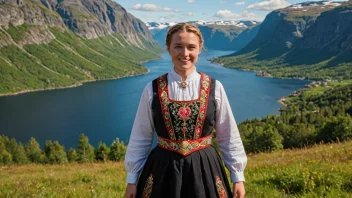 En person som er kledd i en tradisjonell norsk bunad, med et naturskjønt norsk landskap i bakgrunnen.