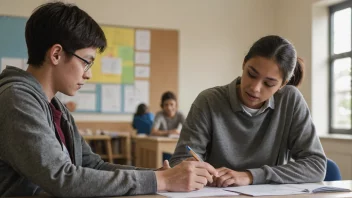 En person som hjelper en annen person med en oppgave, med en diskret bakgrunn av en skole eller treningssetting.